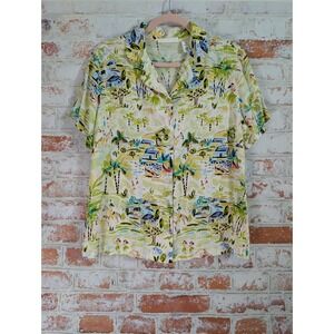 Weekend Clothes Line Hawaiian Shirt‎ Women L Green Tropical Rayon Aloha Blouse